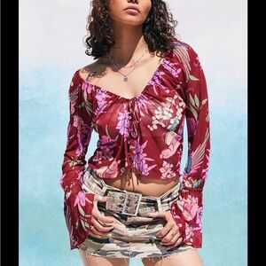 Free People Of Paradise Mesh Floral Top Sz L Long Sleeve Retro Festival Ruched